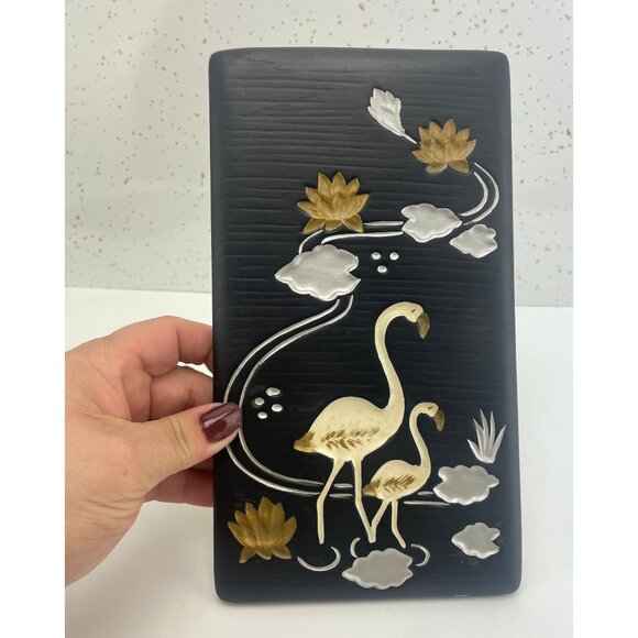 Vintage 60s chalkware, pair of flamingo plaques, black, gold, silver, GC Japan - Picture 2 of 10